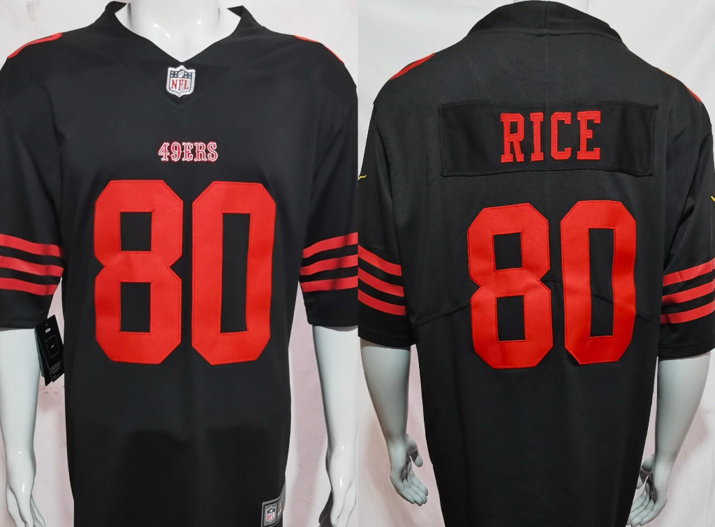 49ers 2023/24 Rice #80 Black/Red NFL Game Jersey