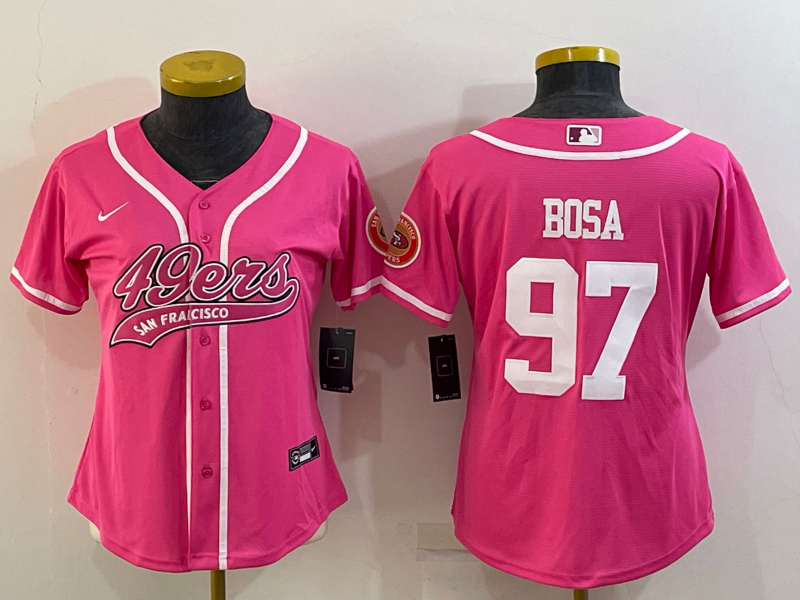 49ers 21/22 Bosa #97 Pink/White Women NFL Baseball Style Jersey