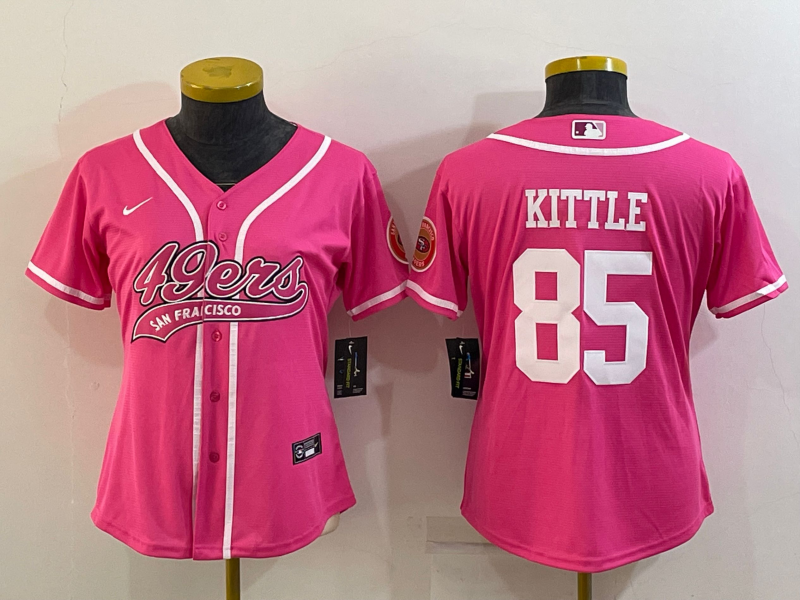 49ers 21/22 Kittle #85 Pink/White Women NFL Baseball Style Jersey