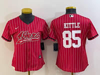 49ers 21/22 Kittle #85 Red/White Stripes Women NFL Baseball Style Jersey