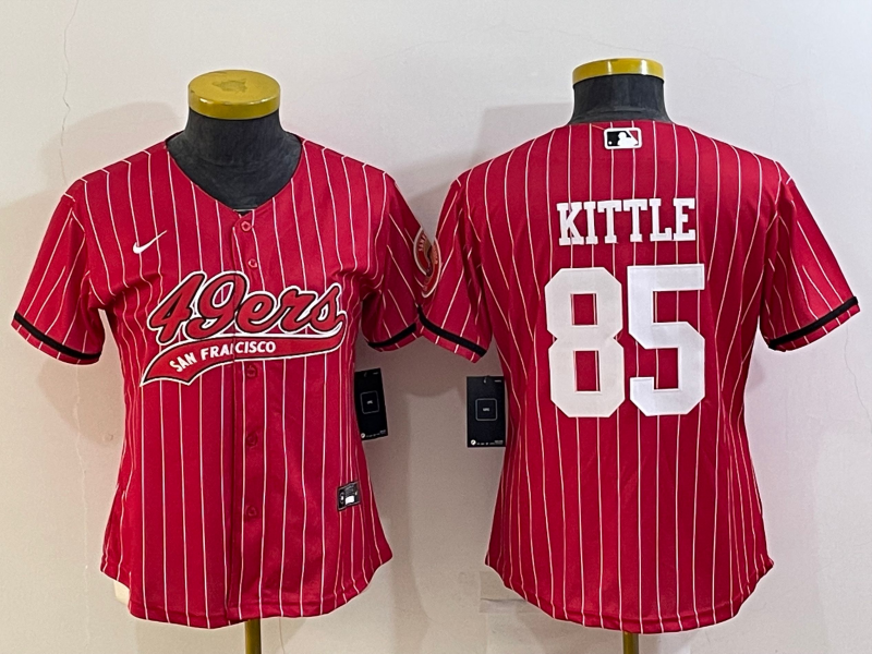 49ers 21/22 Kittle #85 Red/White Stripes Women NFL Baseball Style Jersey
