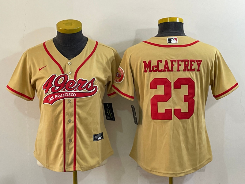 49ers 21/22 McCaffrey #23 Gold/Red Women NFL Baseball Style Jersey