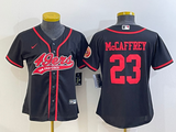 49ers 21/22 McCaffrey #23 Navy/Red Women NFL Baseball Style Jersey