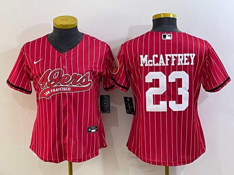 49ers 21/22 McCaffrey #23 Red/White Stripes Women NFL Baseball Style Jersey