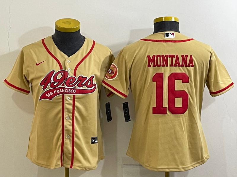 49ers 21/22 Montana #16 Gold/Red Women NFL Baseball Style Jersey