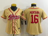 49ers 21/22 Montana #16 Gold/Red Women NFL Baseball Style Jersey