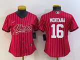49ers 21/22 Montana #16 Red/White Stripes Women NFL Baseball Style Jersey