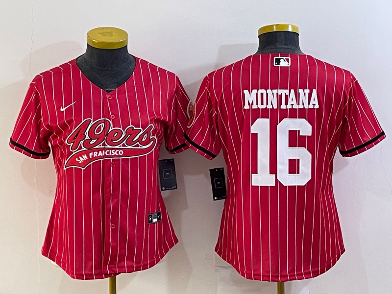 49ers 21/22 Montana #16 Red/White Stripes Women NFL Baseball Style Jersey