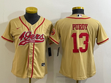 49ers 21/22 Purdy #13 Gold/Red Women NFL Baseball Style Jersey