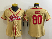 49ers 21/22 Rice #80 Gold/Red Women NFL Baseball Style Jersey