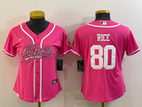 49ers 21/22 Rice #80 Pink/White Women NFL Baseball Style Jersey