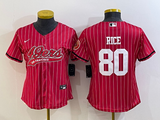 49ers 21/22 Rice #80 Red/White Stripes Women NFL Baseball Style Jersey
