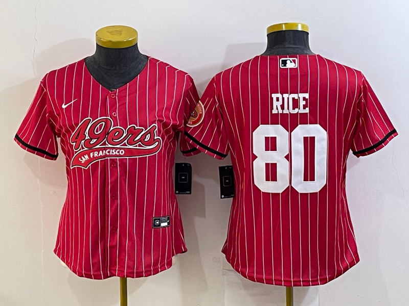 49ers 21/22 Rice #80 Red/White Stripes Women NFL Baseball Style Jersey