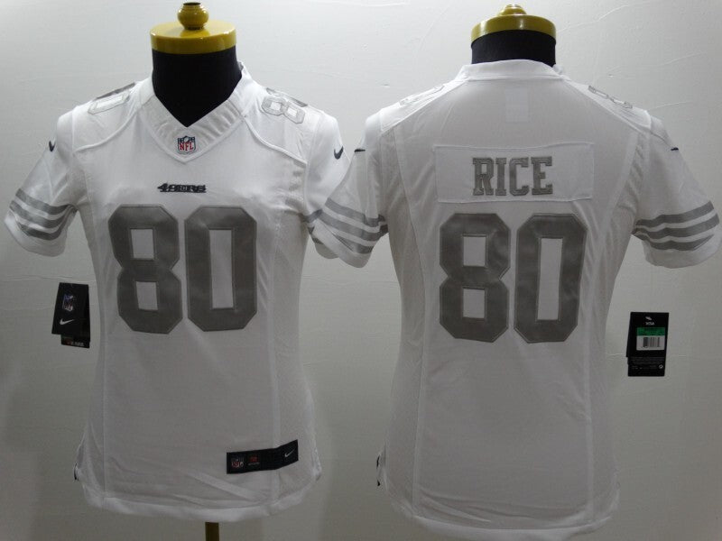 49ers 21/22 Rice #80 White/Gray Women NFL Jersey