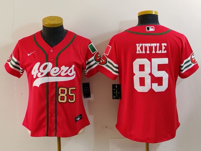 49ers 23/24 Kittle #85 Red/White Women NFL Baseball Style Jersey