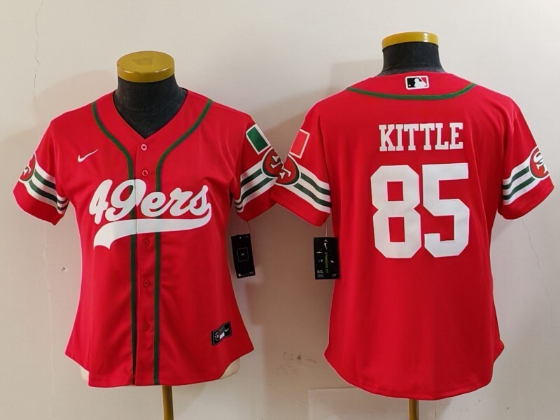 49ers 23/24 Kittle #85 Red/White Women NFL Baseball Style Jersey