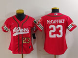 49ers 23/24 McCaffrey #23 Red/White Women NFL Baseball Style Jersey