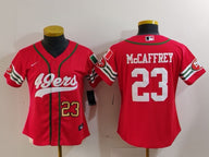 49ers 23/24 McCaffrey #23 Red/White Women NFL Baseball Style Jersey