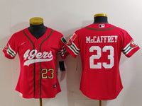 49ers 23/24 McCaffrey #23 Red/White Women NFL Baseball Style Jersey