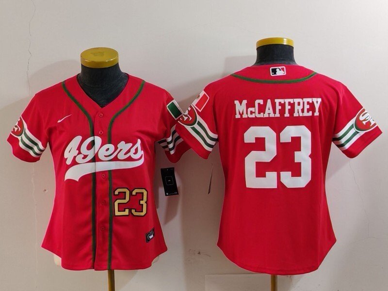 49ers 23/24 McCaffrey #23 Red/White Women NFL Baseball Style Jersey