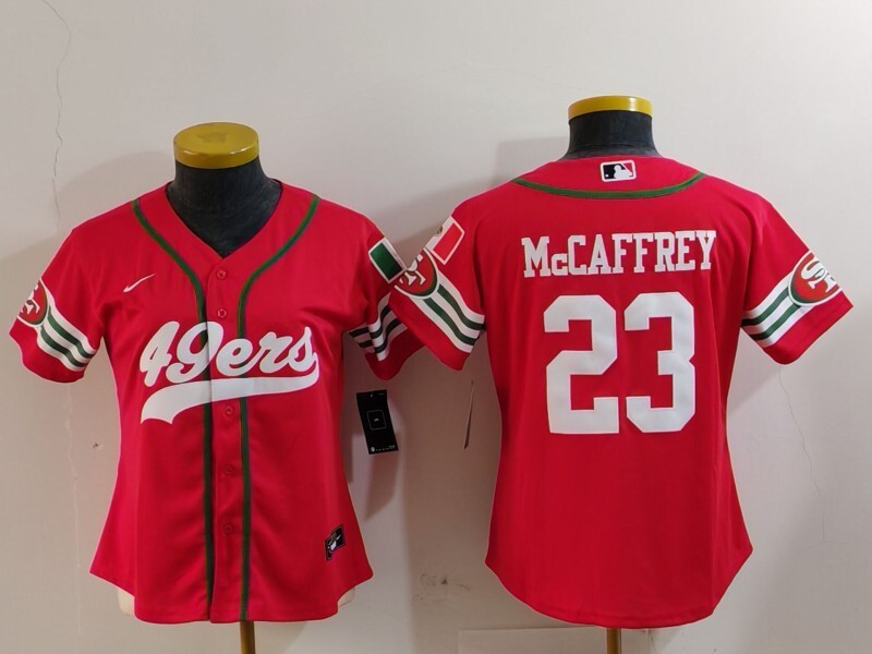 49ers 23/24 McCaffrey #23 Red/White Women NFL Baseball Style Jersey
