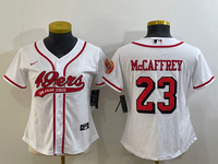 49ers 23/24 McCaffrey #23 White/Red/Black Women NFL Baseball Style Jersey