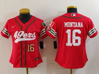 49ers 23/24 Montana #16 Red/White Women NFL Baseball Style Jersey