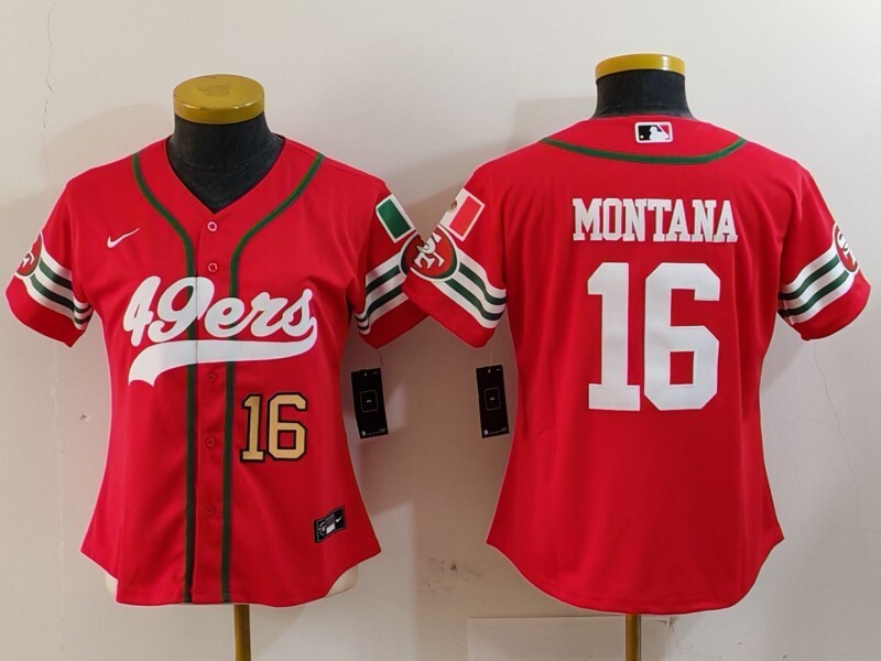 49ers 23/24 Montana #16 Red/White Women NFL Baseball Style Jersey