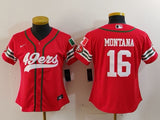 49ers 23/24 Montana #16 Red/White Women NFL Baseball Style Jersey