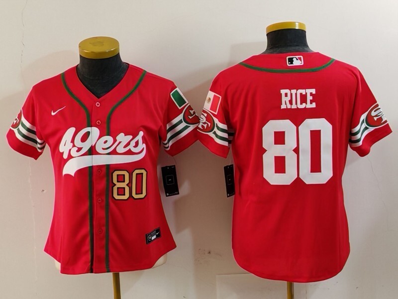 49ers 23/24 Rice #80 Red/White Women NFL Baseball Style Jersey
