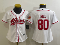 49ers 23/24 Rice #80 White/Red Women NFL Baseball Style Jersey