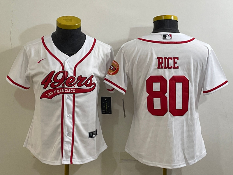 49ers 23/24 Rice #80 White/Red Women NFL Baseball Style Jersey