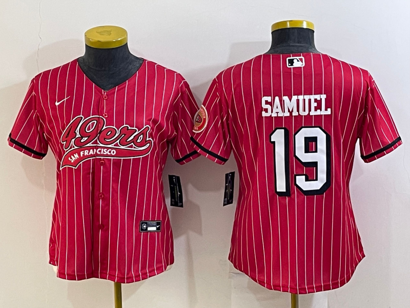 49ers 23/24 Samuel #19 Red/White/Black Stripes Women NFL Baseball Style Jersey