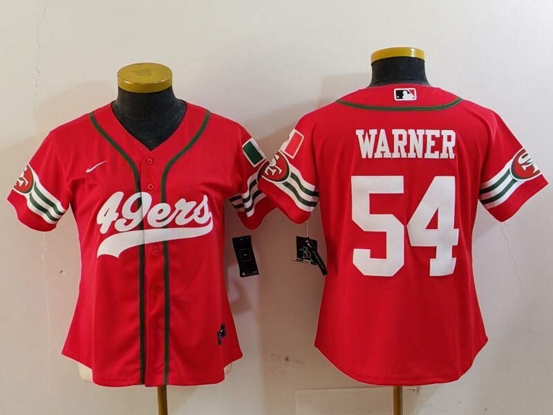 49ers 23/24 Warner #54 Red/White Women NFL Baseball Style Jersey