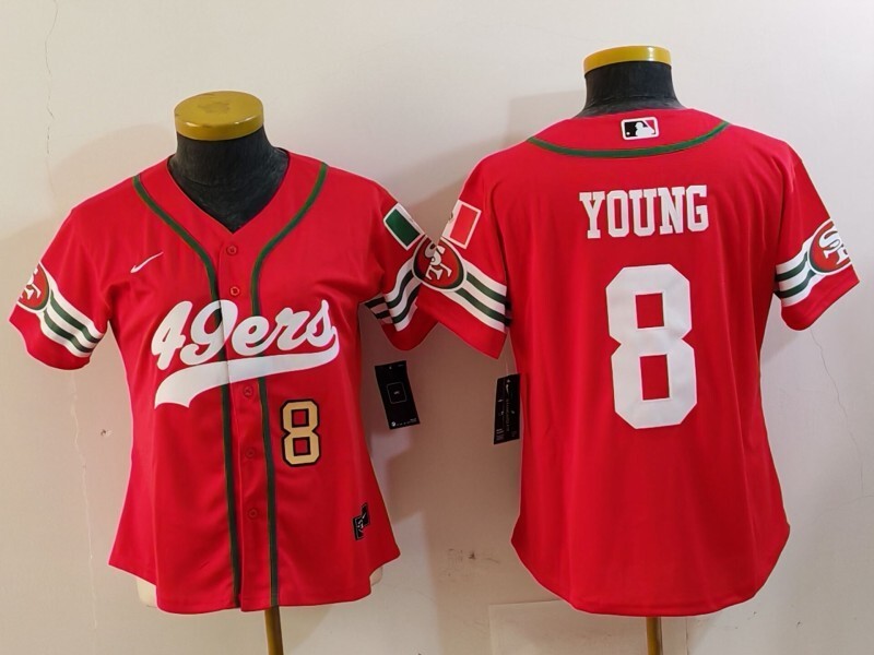 49ers 23/24 Young #8 Red/White Women NFL Baseball Style Jersey