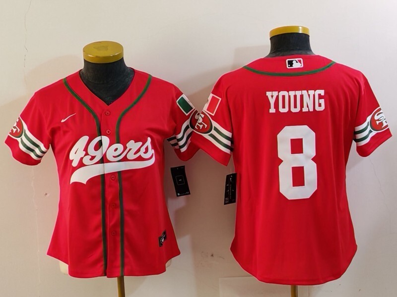 49ers 23/24 Young #8 Red/White Women NFL Baseball Style Jersey