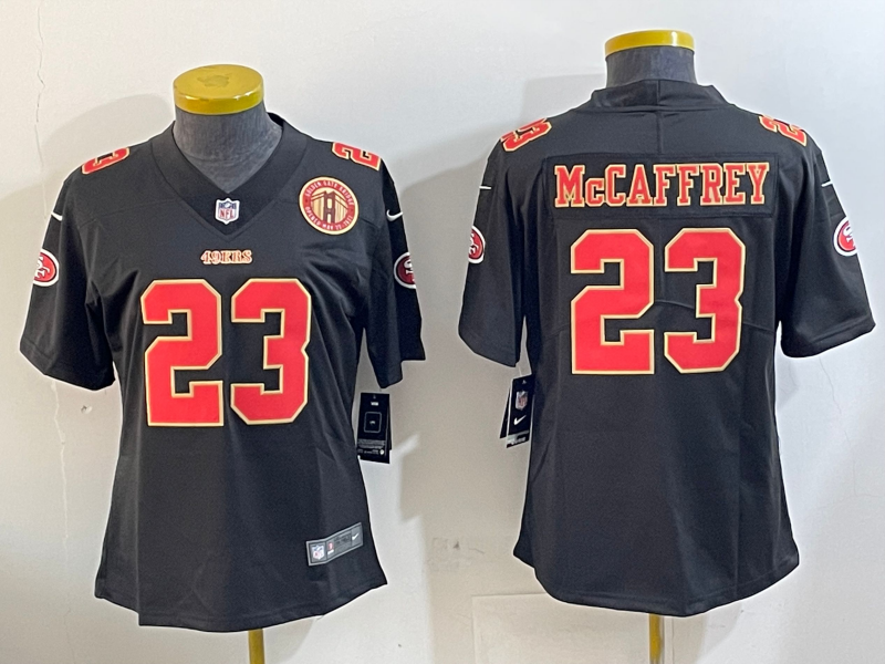 49ers 24/25 McCaffrey #23 Black/Red/Yellow Women NFL Jersey