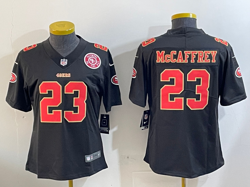 49ers 24/25 McCaffrey #23 Black/Red/Yellow Women NFL Jersey