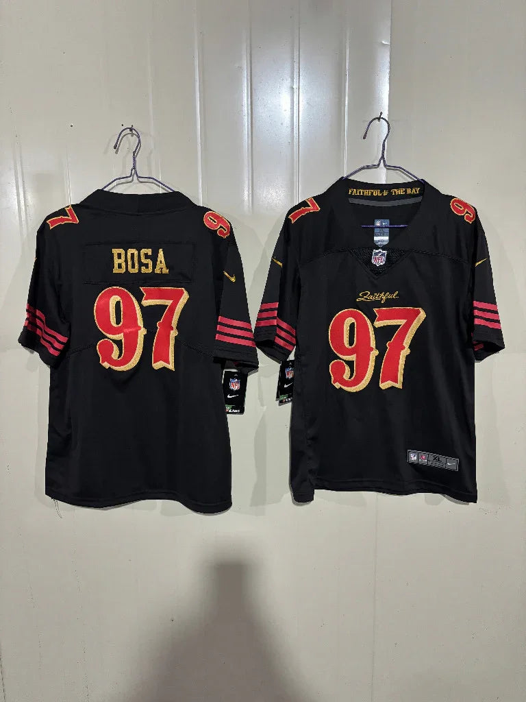 49ers 25/26 Bosa #97 Black/Gold Game Kids Jersey