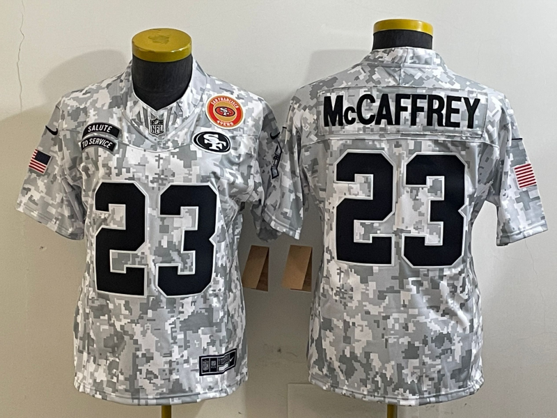 49ers 25/26 McCaffrey #23 Black/Red/Yellow Women NFL Jersey