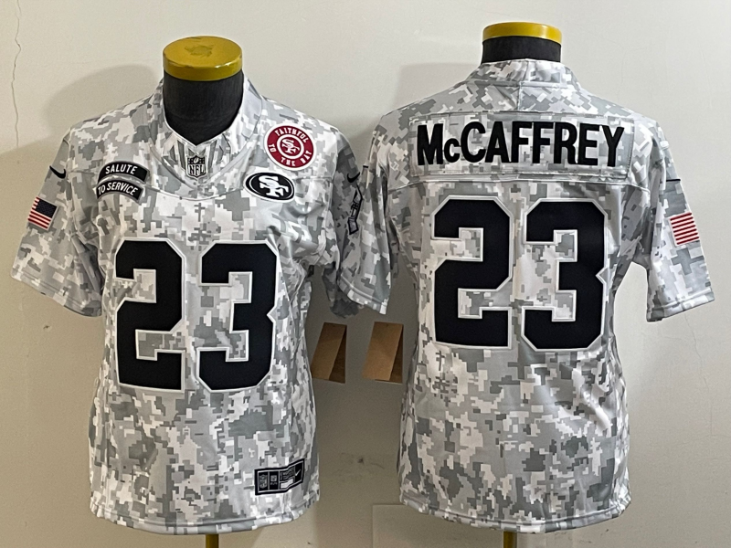 49ers 25/26 McCaffrey #23 Black/Red/Yellow Women NFL Jersey