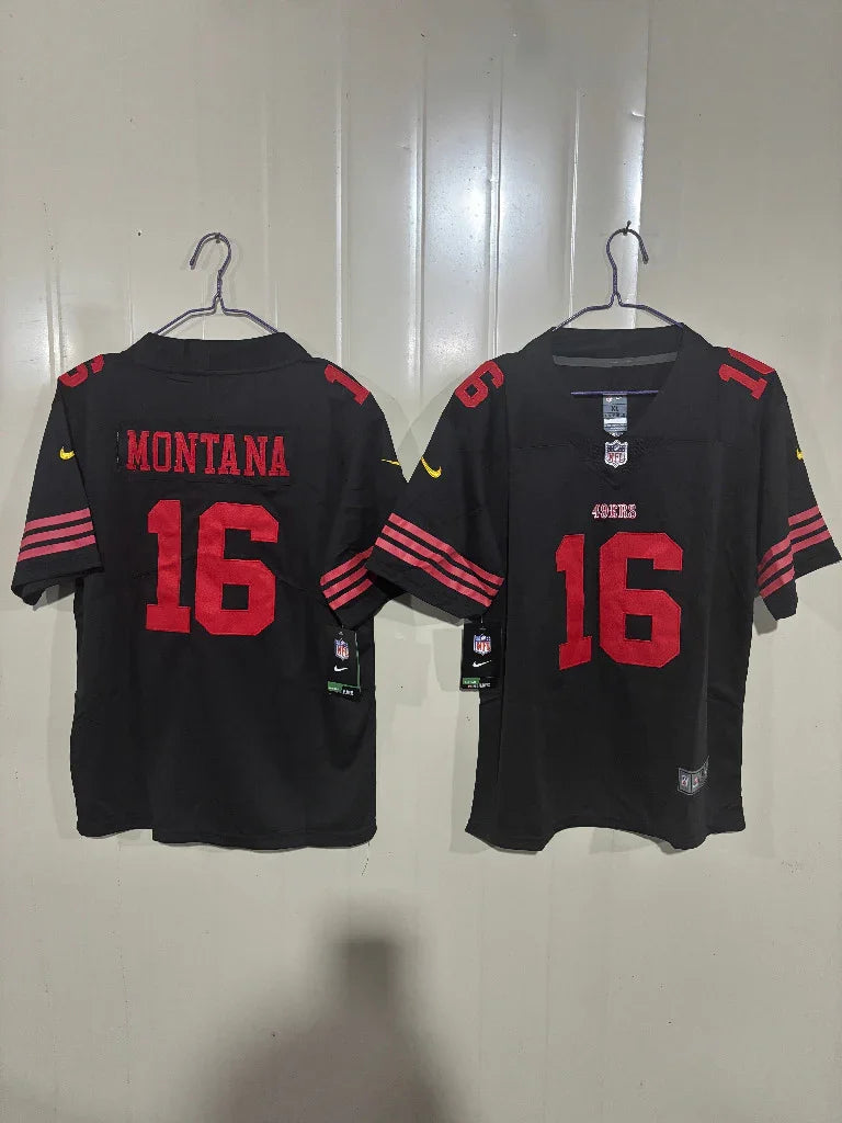 49ers 25/26 Montana #16 Black Game Kids Jersey