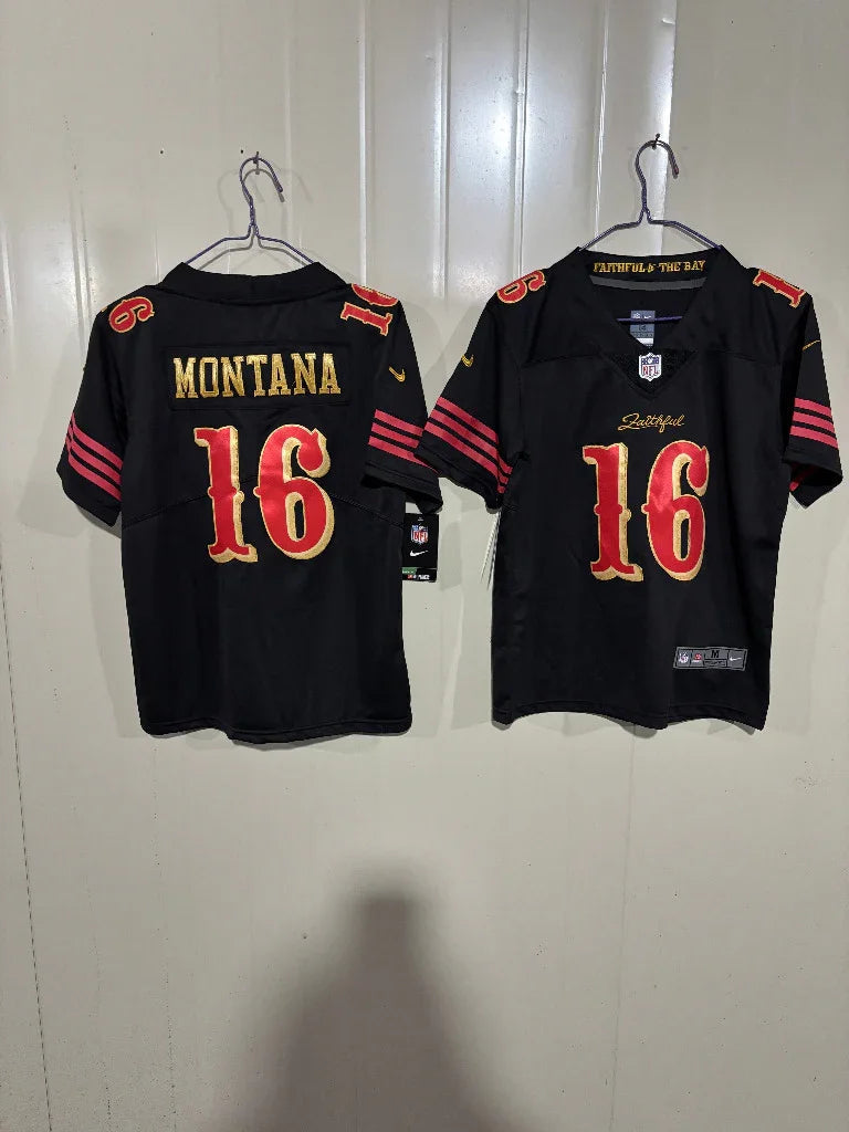 49ers 25/26 Montana #16 Black/Gold Game Kids Jersey