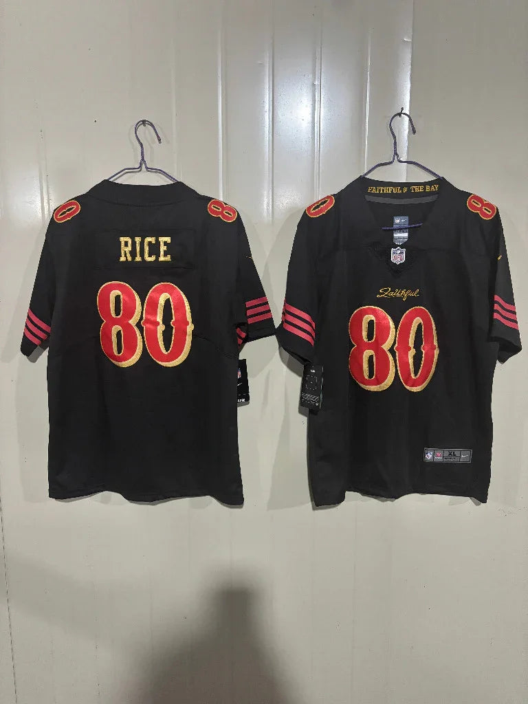 49ers 25/26 Rice #80 Black/Gold Game Kids Jersey
