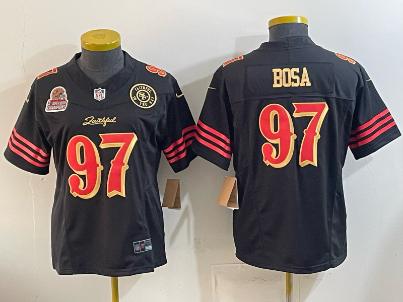 49ers 26/27 Bosa #97 Black/Red/Yellow Women NFL Jersey