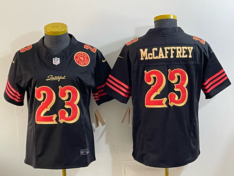 49ers 26/27 McCaffrey #23 Black/Red/Yellow Women NFL Jersey