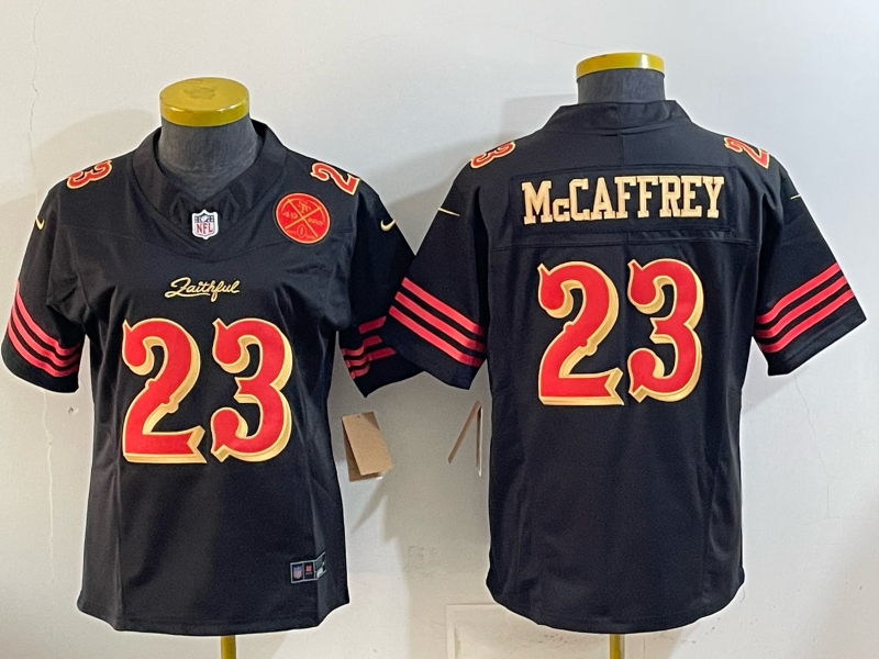49ers 26/27 McCaffrey #23 Black/Red/Yellow Women NFL Jersey