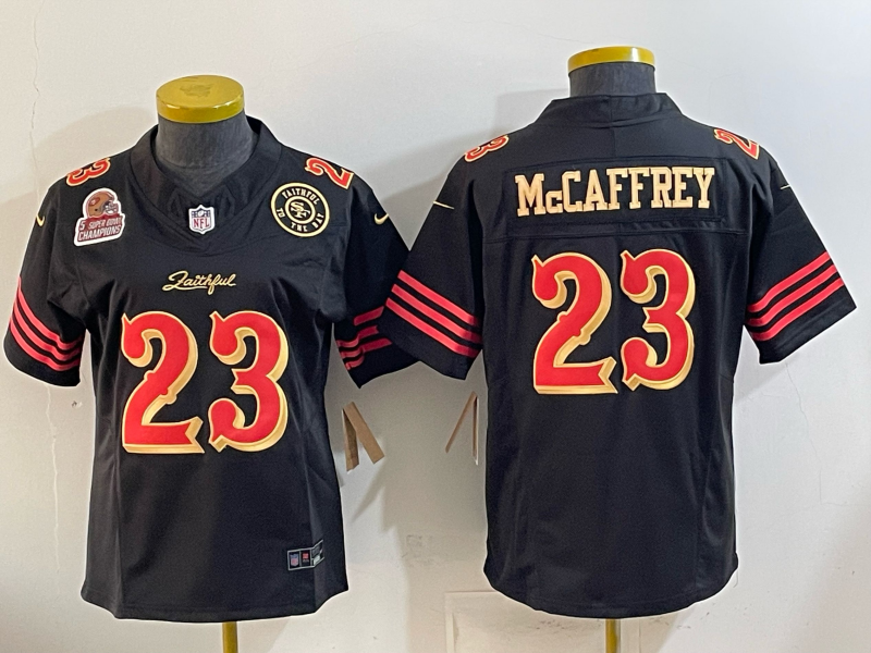 49ers 26/27 McCaffrey #23 Black/Red/Yellow Women NFL Jersey