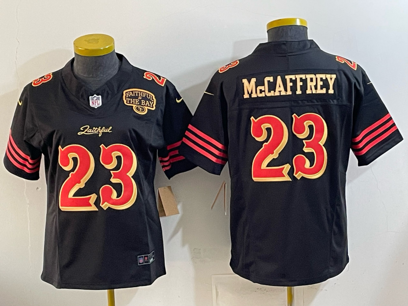 49ers 26/27 McCaffrey #23 Black/Red/Yellow Women NFL Jersey