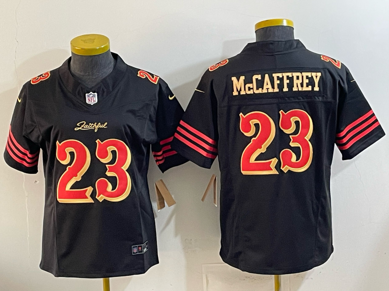 49ers 26/27 McCaffrey #23 Black/Red/Yellow Women NFL Jersey